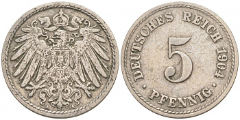 ГЕРМАНИЯ 5 ПФЕННИГОВ 1904 А, KM 11, J. 12 медно-никель 73-1753