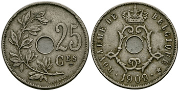 Бельгия 25 сантимов 1909 Belgique KM 62 медно-никель 4168-1145