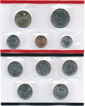 США два набора в одном 2003 два официальных набора в целлофановой запайке, буква D, годовой набор и пять квотеров, штат Арканзас, Алабама, Миссури, Иллинойс, Мэн, в конверте с сертификатом, Денвер, медь плакированная медно-никелем UNC 7-5-6-30