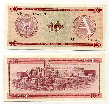 Куба, валютный сертификат 10 песо ND (1985) серия A, красная Pick FX 4 бумага UNC (пресс) 444-92-2-2