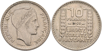 Франция 10 франков 1948 тип Пьер Турин KM 909.1, Le Franc 362.3 медно-никель 81-1131