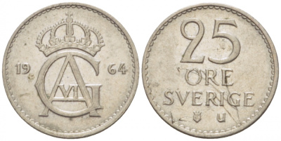 Швеция 25 эре 1964 U Густав VI Адольф (1950-1973) KM 836 медно-никель 3955-359