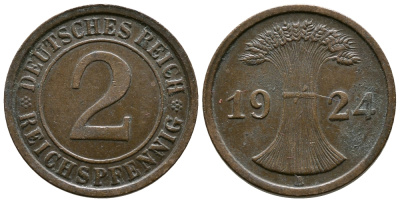 ГЕРМАНИЯ 2 РЕЙХСПФЕННИГА 1924 A KM 38, J. 314 бронза 93-1044