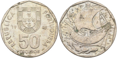 Португалия 50 эскудо 1989 парусник KM 636 медно-никель 4572-1126