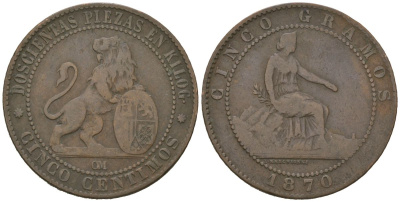Испания 5 сентимо 1870 ОМ, лев со щитом KM 662 бронза 92-1034