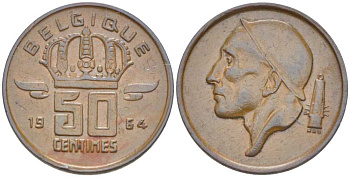 БЕЛЬГИЯ 50 САНТИМОВ 1964 BELGIQUE, БОДУЭН I (1951-1993) KM 148.1 бронза 214-451