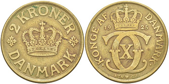 ДАНИЯ 2 КРОНЫ 1925 HCN; GJ, КРИСТИАН IX (1912-1947) KM 825.1 алюминиевая бронза 4545-1221