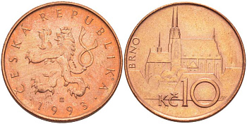 ЧЕХИЯ 10 КРОН 1993 ЧЕШСКИЙ ЛЕВ, КАФЕДРАЛЬНЫЙ СОБОР БРНО KM 4 сталь плакированная медью 4514-731