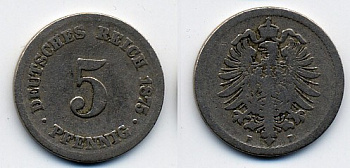 ГЕРМАНИЯ 5 ПФЕННИГОВ 1875 F, СТАРОГЕРБОВКА KM 3, J.3 медно-никель 46-431