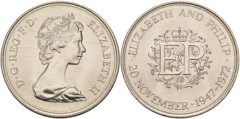 Великобритания 25 пенсов 1972 25 лет со дня свадьбы Елизавтеы II И Филлипа (1947-1972, серебрянная свадьба), Елизавета II (1952-2022) KM 917, Spink 4226 медно-никель UNC 118-511