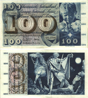 Швейцария 100 франков 1965 23 декабря 1965, серия 52 L, подпись 41 Pick 49 h бумага 8606-23-1-1