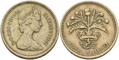 Великобритания 1 фунт 1984 Елизавета II (1952-2022) KM 934, Spink 4222 никель латунь 81-946