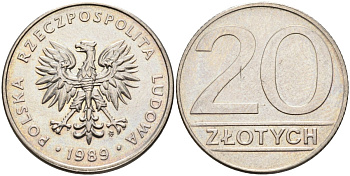 Польша 20 злотых 1989 MW, Народная Республика KM 153.2, Parchimowicz 255a медно-никель 71-1222