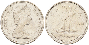 КАНАДА 10 ЦЕНТОВ 1974 ПАРУСНИК KM 77.1 никель 188-1031