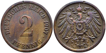 ГЕРМАНИЯ 2 ПФЕННИГА 1907 G KM 16, Jager 11, Weege 4 медь 4546-646