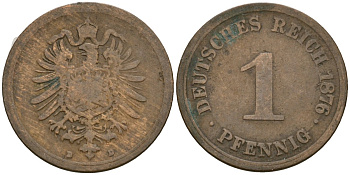 Германия 1 пфенниг 1876 D, Вильгельм I (1871-1888) KM 1, J. 1 медь 4181-1154