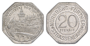Нюрнберг трамвайный (транспортный) жетон в 20 пфеннигов ND (1920-1921) Вестнерские ворота Men05 19256.43, Men18 24102.43 алюминий 3459-534