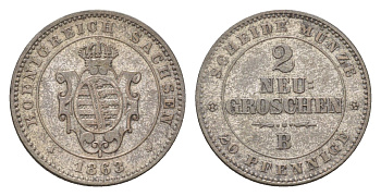 Саксония 2 гроша 1863 B, Иоганн (1854-1873) KM 1220 серебро 4625-1013