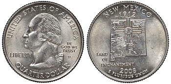 США 25 центов = квотер 2008 D, серия штаты США, Нью-Мексико KM 422 медь плакированная медно-никелем 4525-216