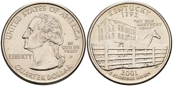 США 25 центов = квотер 2001 Р, серия штаты США, Кентукки KM 322 медь плакированная медно-никелем UNC 92-823