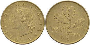 ИТАЛИЯ 20 ЛИР 1973 R, ДУБОВЫЕ ЛИСТЬЯ KM 97.2 алюминиевая бронза 4551-254