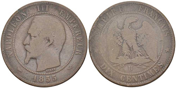 ФРАНЦИЯ 10 САНТИМОВ 1855 В, НАПОЛЕОН III (1852-1870) KM 771.2, LE FRANC 133.20 бронза 111-1024