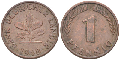 ФРГ 1 ПФЕННИГ 1948 F KM A101, J. 376 сталь плакированная медью 4181-528