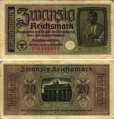 ГЕРМАНИЯ 20 РЕЙХСМАРОК 1940-1945 СЕРИЯ С, ДЛЯ ОККУПИРОВАНЫХ ТЕРРИТОРИЙ, ВТОРАЯ МИРОВАЯ ВОЙНА, ДЮРЕР Pick R139, Розенберг 554а бумага 6266-30-2-1