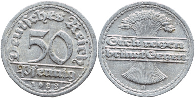 ГЕРМАНИЯ 50 ПФЕННИГОВ 1922 G KM 27, J. 301, Weege 10 алюминий 4397-633