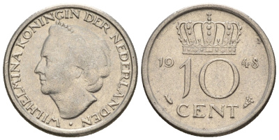 Нидерланды 10 центов 1948 Вильгельмина (1895-1948) KM 177 никель 220-532