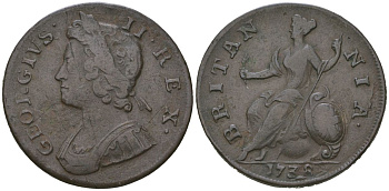 Великобритания 1/2 пенни 1738 Георг II (1727-1760) KM 566, Spink 3717 медь 4590-714