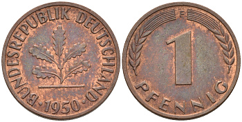 ФРГ 1 пфенниг 1950 F KM 105, J. 380 сталь плакированная медью    4115-113