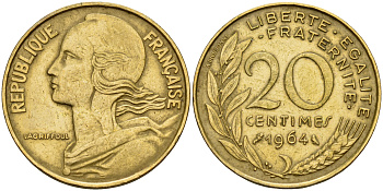 Франция 20 сантимов 1964 тип Marianne KM 930 медь-алюминий-никель    4601-926