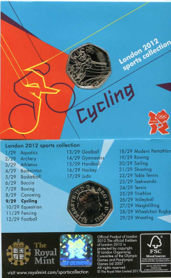 Великобритания 50 пенсов 2011 XXX летние Олимпийские игры в Лондоне в 2012 году, велосипед, в оригинальном картонном буклете, с Олимпийской голограммой (9/29) KM 1169 медно-никель  UNC  3-6-6-05
