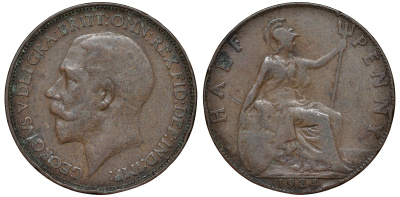 Великобритания 1/2 пенни 1924 Георг V (1910-1936) KM 809, Spink 4056 бронза 51-1237