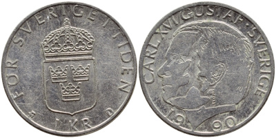 Швеция 1 крона 1990 Карл XVI Густав (1973- ) KM 852a медно-никель 4398-1227