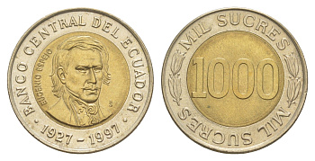 Эквадор 1000 сукре 1997 70 лет Центробанку KM 103 биметалл UNC 4641-744