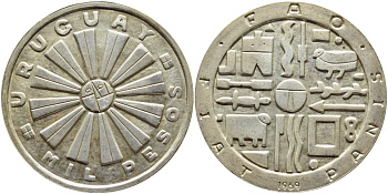УРУГВАЙ 1000 ПЕСО 1969 So, FAO, ПРОБА 900, ВЕС 25 ГР., ТИРАЖ 500000 ЭКЗ. KM 55 серебро 01-239-43