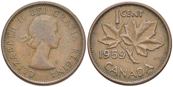 КАНАДА 1 ЦЕНТ 1959 КЛЕНОВЫЙ ЛИСТ, ЕЛИЗАВЕТА II (1952-) KM 49 бронза 3309-1257