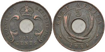 Британская Восточная Африка 5 центов 1934 Георг V (1910-1936) KM 18 бронза 119-923