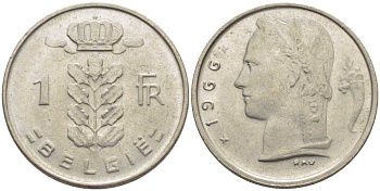 БЕЛЬГИЯ 1 ФРАНК 1966 BELGIE, БОДУЭН I (1951-1993) KM 143.1 медно-никель 119-551