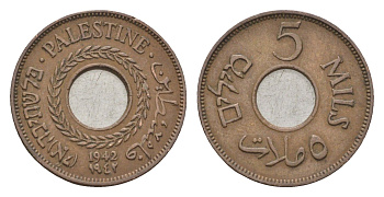 Израиль, Палестина 5 милей (милсов) 1942 Британская Палестина KM 3a бронза 5010-1921