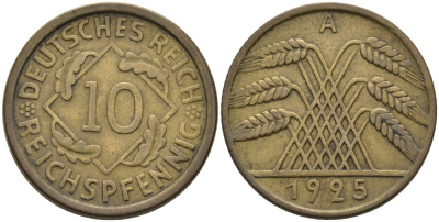 Германия 10 рейхспфеннигов 1925 A KM 40, J.317, Weege 9 алюминиевая бронза 4575-437