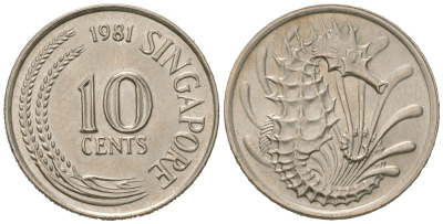 Сингапур 10 центов 1981 морской конек KM 3 медно-никель 4623-328