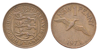 Гернси 1 новый пенни 1971 Елизавета II (1952-2022), северная олуша в полете KM 21 бронза 4702-714