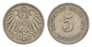 Германия 5 пфеннигов 1905 A, Вильгельм II (1888-1918) KM 11, J. 12 медно-никель 4640-117
