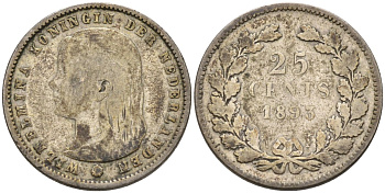 Нидерланды 25 центов 1893 Вильгельмина (1890-1948) KM 115 серебро 4576-759