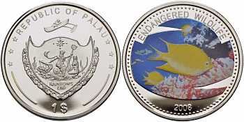 Палау 1 доллар 2008 серия вымирающие виды, амблиглифидодон лимонный (Amblyglyphidodon aureus), цветная эмаль KM 210 медно-никель PROOF 1071-10-54 M10-21