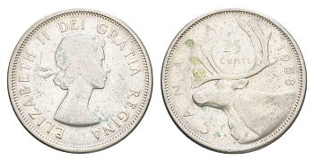Канада 25 центов 1958 Елизавета II (1952-2022), олень KM 52 серебро 73-1632