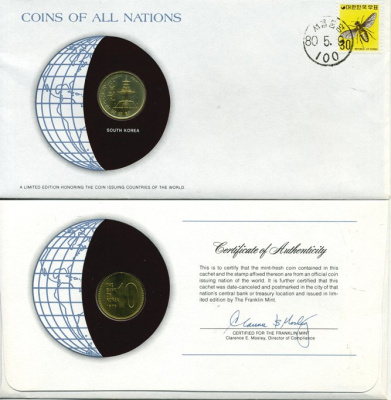 Южная Корея 10 вон 1979 конверт с маркой первого дня гашения, Coins of Nations KM 6а латунь UNC 4294-32-1